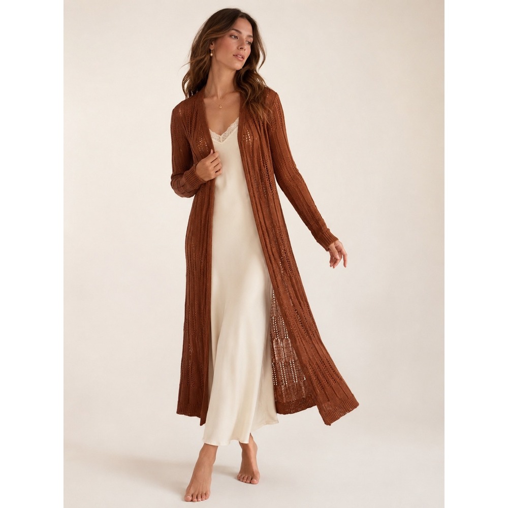 Freshman Duster Cardigan Womens Small Rust Excellent Open Knit Boho‎ Longline